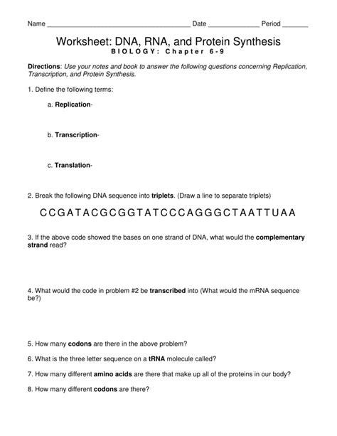 Worksheet: DNA, RNA, and Protein Synthesis