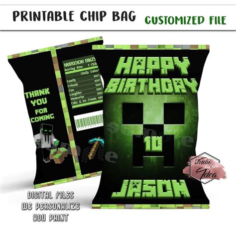 Printable Chip Bag File Custom Mine Theme Personalized Chip Bag Digital File You Print