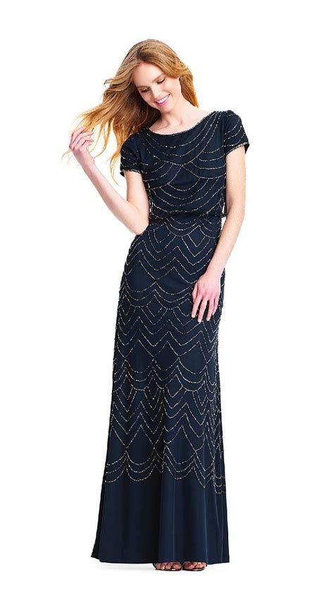 Adrianna Papell Women S Short Sleeve Blouson Beaded Gown