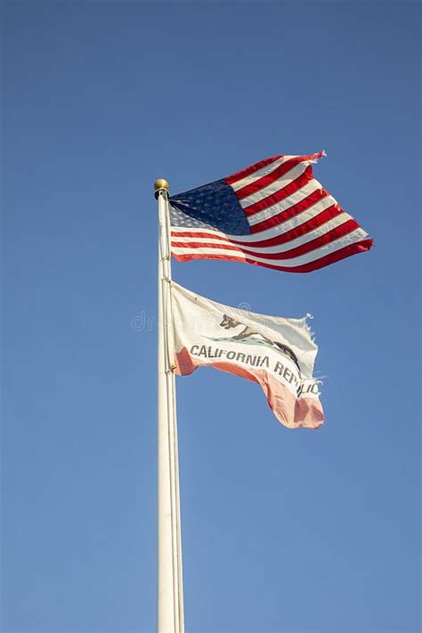 Stars and Stripes and Californian Flag Fluttering in the Wind Stock Photo - Image of flagpole ...