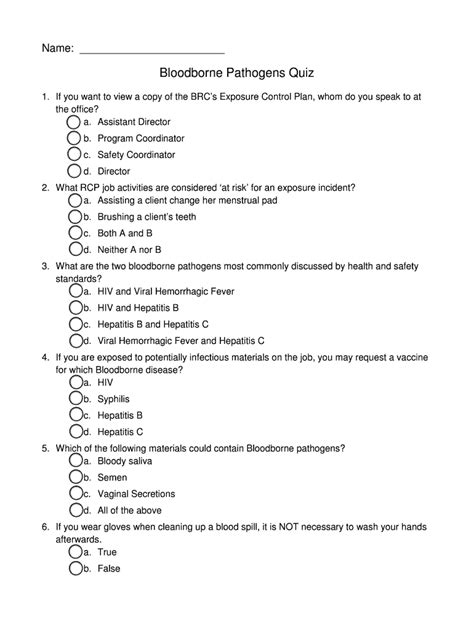 Fillable Online Bayrespitecare Bloodborne Pathogens Quiz Bay Respite