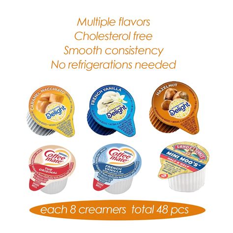 48 Assorted Coffee Creamer Singles Pack 6 Flavored Variety Bundle Including Caramel Macchiato