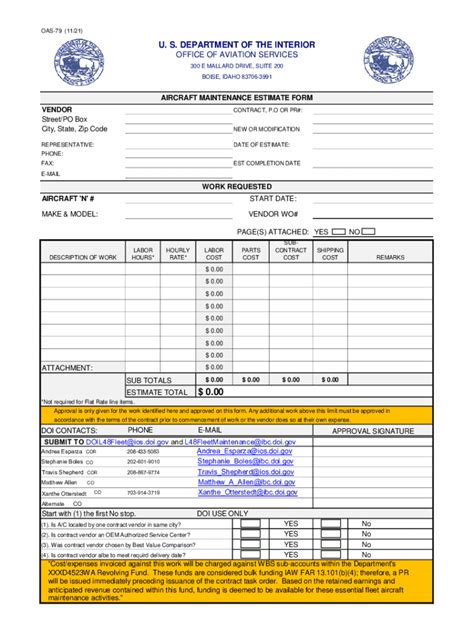 Fillable Online OAS 79 Aircraft Maintenance Estimate Form OAS 79