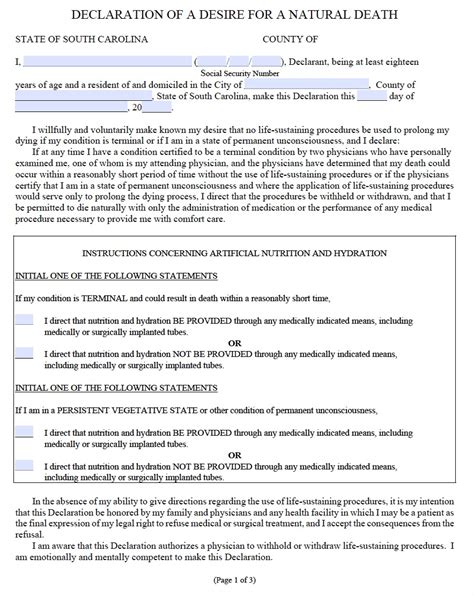 South Carolina Living Will Form Advance Directive Living Will Forms