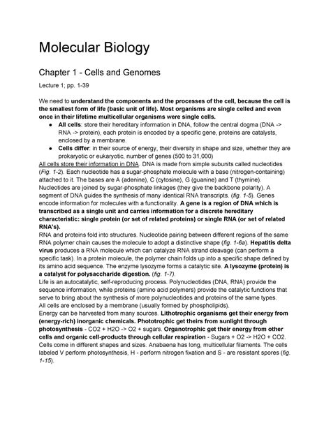 Molecular Biology Of The Cell Summary Molecular Biology Chapter 1