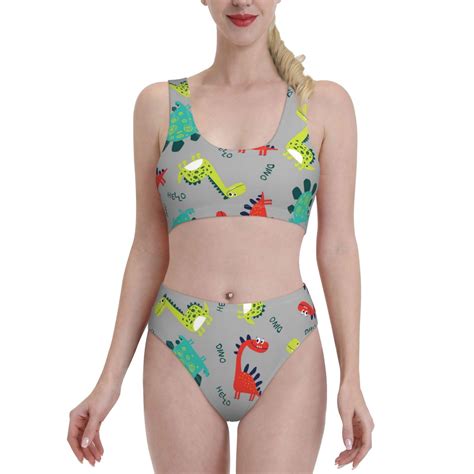 Adobk Cute Dinosaur Print Women High Waisted Bikini Set Sports Swimsuit