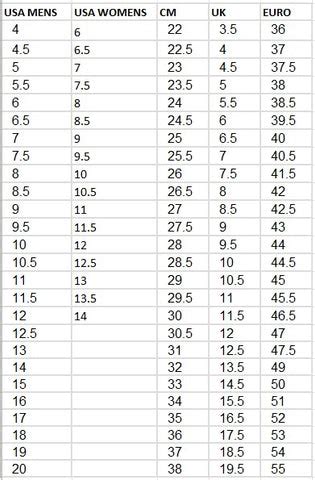 Footwear Sizing Chart – Freestyleshop