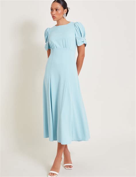 Crepe Round Neck Puff Sleeve Midi Tea Dress Monsoon Mands