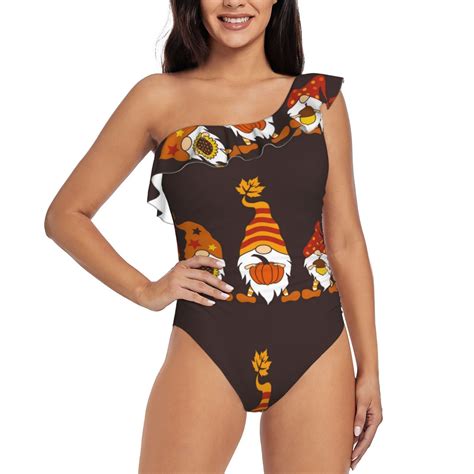 Bingfone Fall Gnomes Print Womens One Piece Swimsuits One Shoulder