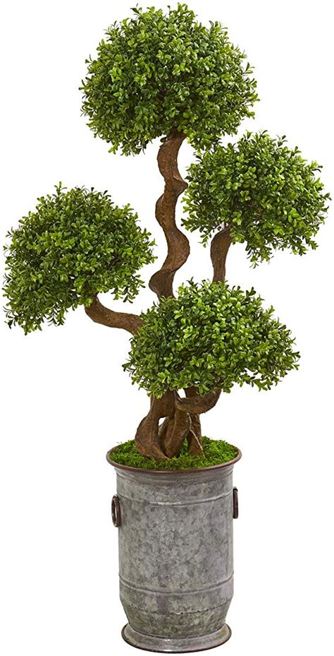 Nearly Natural 50” Triple Ball Boxwood Artificial Topiary Metal Planter Silk Trees Green