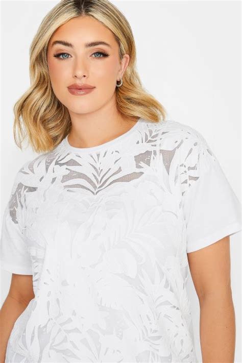 YOURS Plus Size White Floral Mesh Panel T Shirt Yours Clothing