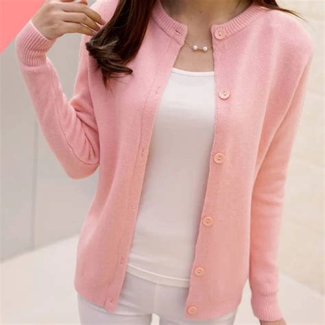 Pink Cardigan Knitted Sweater For Women With Buttons Long Sleeve O Neck