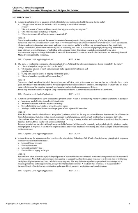 Exam View - Chapter 13 - Chapter 13: Stress Management Edelman: Health