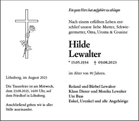 Traueranzeigen Von Hilde Lewalter Vrm Trauer De