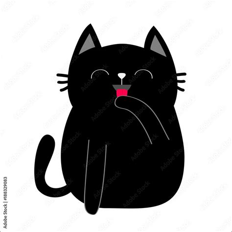 Black Cat Cat Licking Paw Hand Face Head Tongue Moustaches Pawprint