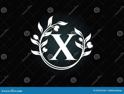 Initial Letter X Sign Symbol With Olive Branch Wreath Round Floral