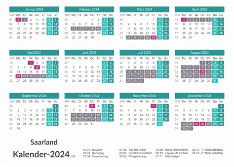 FERIEN Saarland 2024 Ferienkalender Übersicht