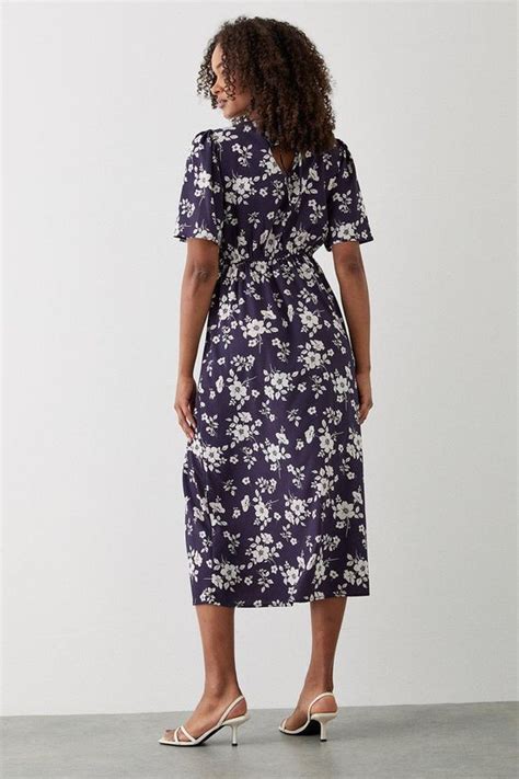 Dresses Navy Floral Flutter Sleeve Shirred Waist Midi Dress Dorothy Perkins