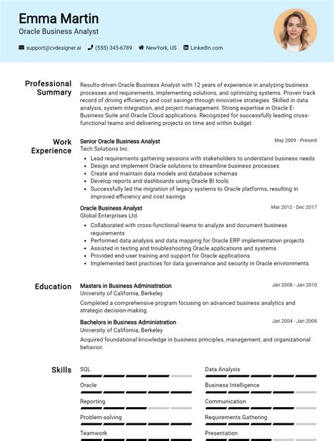 Oracle Business Analyst Cv Example For Examples Free Templates