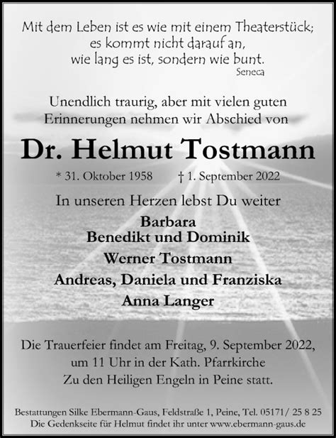 Traueranzeigen Von Helmut Tostmann Trauer Anzeigen De