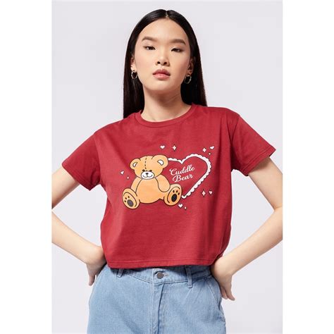 Jual Colorbox Short Sleeve Graphic Crop T Shirt Maroon Shopee Indonesia