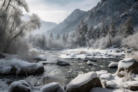 premium ai image frozen river  trees  mountains