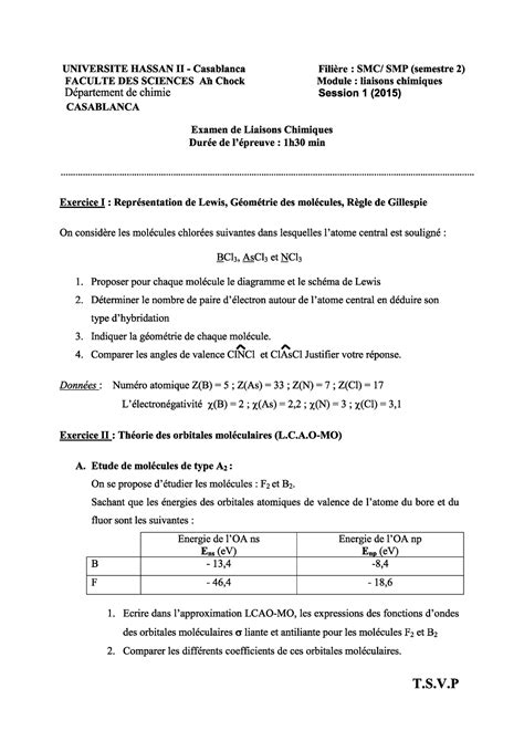 Examen Liaison Chimie Liaisons Chimiques Studocu