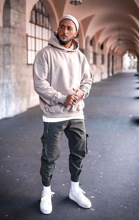 Beige Hoody Winter Outfit Trends With Grey Leather Trouser Outfit Streetwear Men Cargo Pants