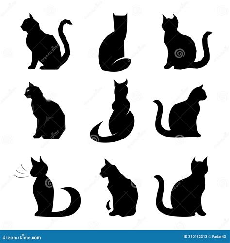 Cats Collection Vector Set Silhouette 9x Black Stock Vector