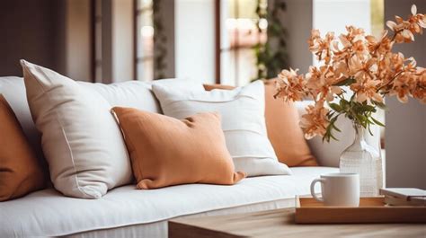 Premium Photo A Sunlit Living Room With A White Couch Orange Pillows