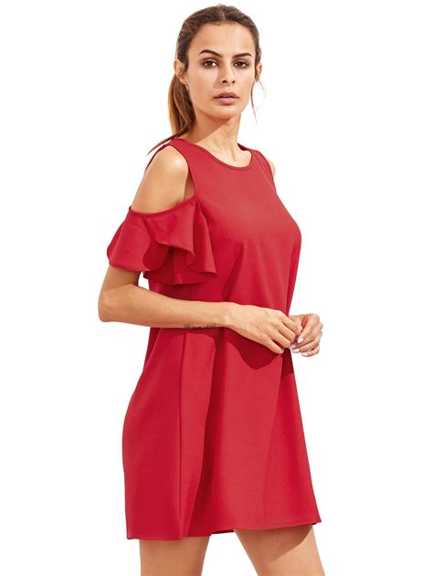 Burgundy Cold Shoulder Ruffle Sleeves Shift Dress Shein Sheinside