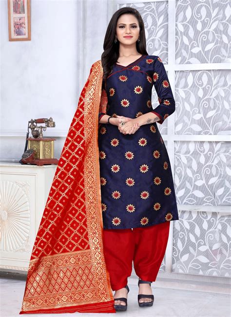 Buy Banarasi Silk Punjabi Suit In Navy Blue 177573