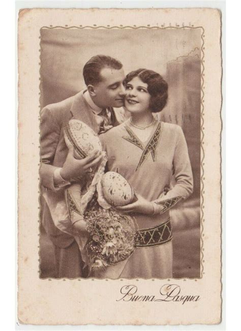 1933 Foto Cartolina D Epoca Buona Pasqua Innamorati Auguri Bacio Uova