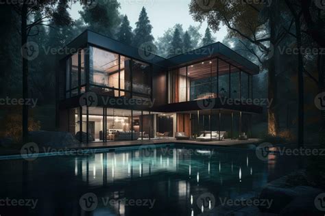 Exterior, dark luxury house with swimming pool in forest, night ...