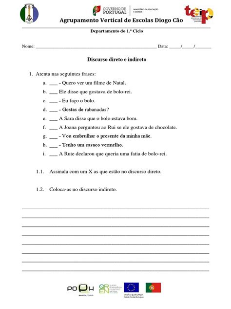 Discurso Direto E Indireto Ficha De Trabalho Pdf Pdf