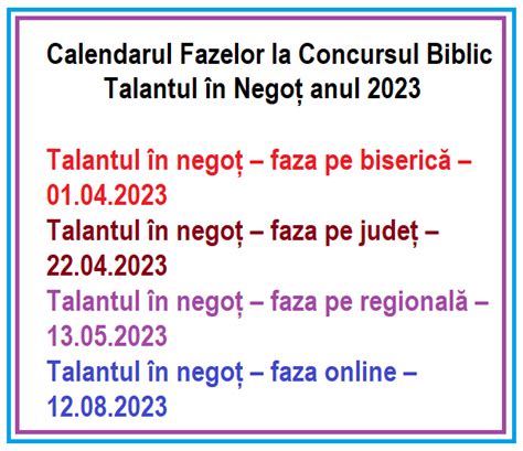 Calendarul Fazelor Concursului Biblic Talantul N Nego Scoala