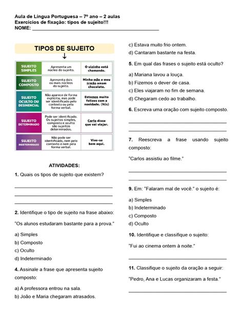 Questoes Sobre Tipos De Sujeito - Atividades sobre Tipos de Sujeito 7º Ano | PDF | Assunto (gramática)