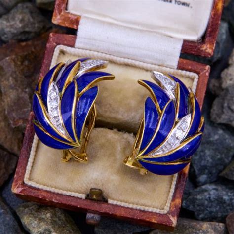 vintage blue enamel diamond feather earrings  yellow gold