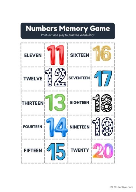 Numbers Memory Game Vocabulary Flash English Esl Worksheets Pdf Doc