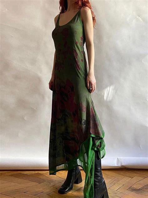 Mojoyce Vintage Green Irregular Slip Long Dress