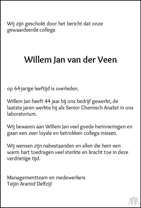 Willem Jan Wim Van Der Veen Overlijdensbericht En