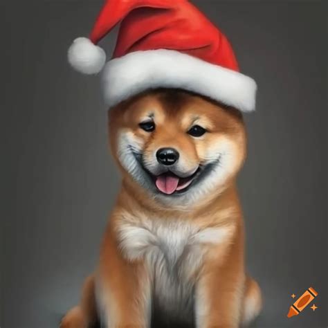 Hyper Realistic Portrait Of A Shiba Inu Puppy In A Santa Hat