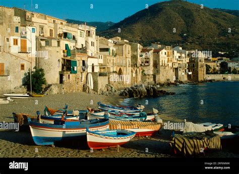 Boats On The Beach Cefalu Sicily Italy Stock Photo Alamy