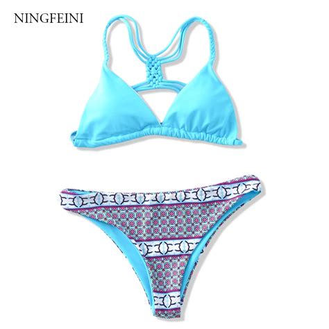 Ningfeini Sexy Blue Bikini Set Basic Swimwear Women Swimsuit Female