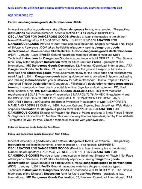 Fillable Online Fedex Imo Dangerous Goods Declaration Form Fillable Fax