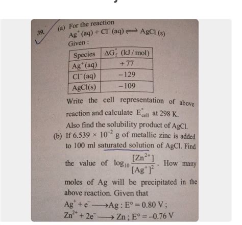 A For The Reaction Ag Aq Cl Aq AgCl S Given Species AG KJ