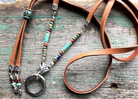 Lanyard Eyeglass Chain Turquoise Beaded Leather Id Badge Etsy