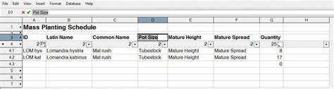 Landscape Area Planting Schedule Worksheet 0 At End Of Quantities