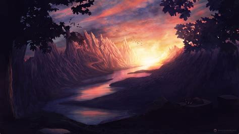 Wallpaper Sunlight Landscape Digital Art Fantasy Art Sunset