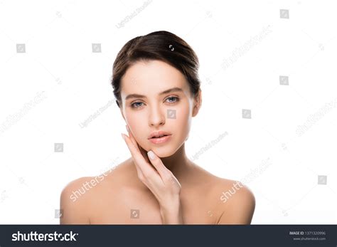 Beautiful Nude Brunette Woman Touching Face Stock Photo 1371320996 Shutterstock